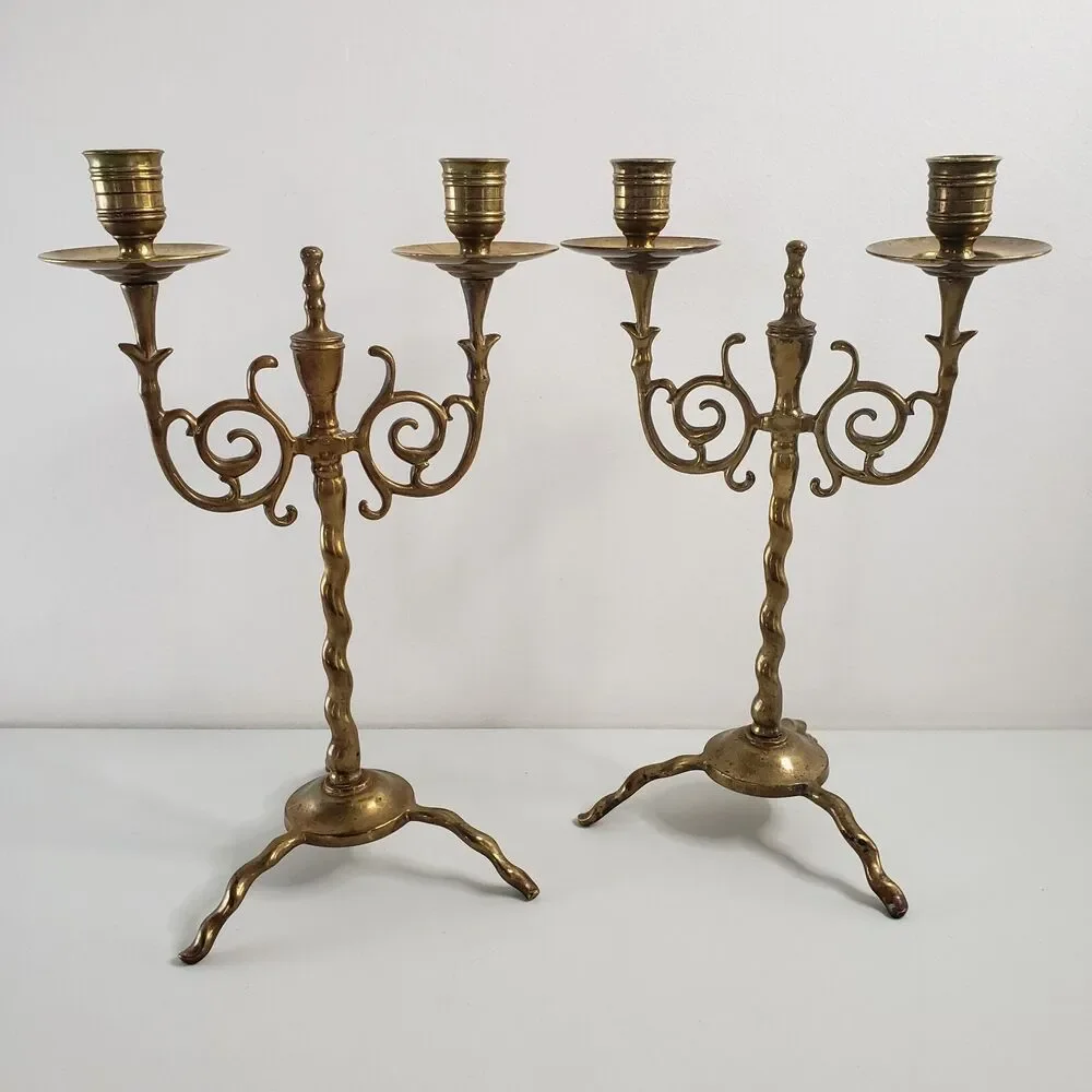 Antique Brass Candlesticks Twist Swirl Scroll Pair Double Candelabra Holders